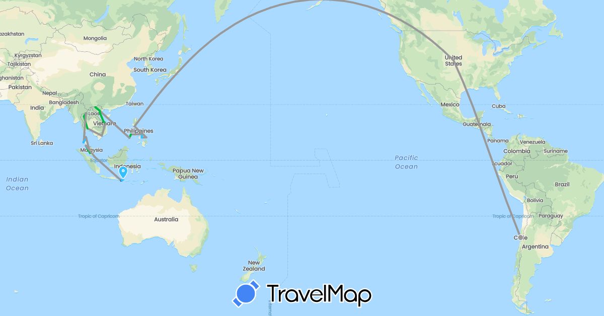 TravelMap itinerary: driving, bus, plane, boat in Chile, Indonesia, Japan, Malaysia, Philippines, Singapore, Thailand, United States, Vietnam (Asia, North America, South America)